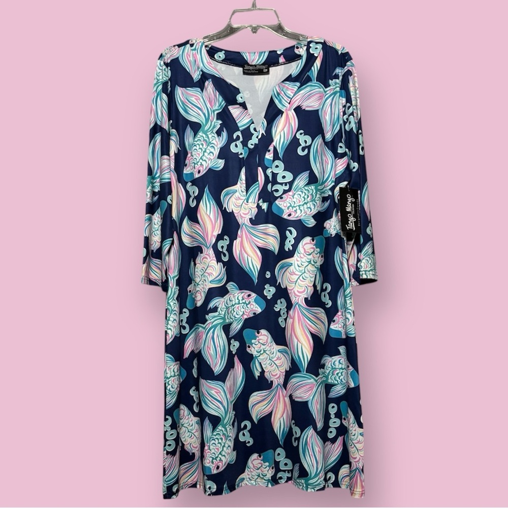 Tango Mango New Tropical Koi Fish Shift Dress Size XL Navy White Pink Teal